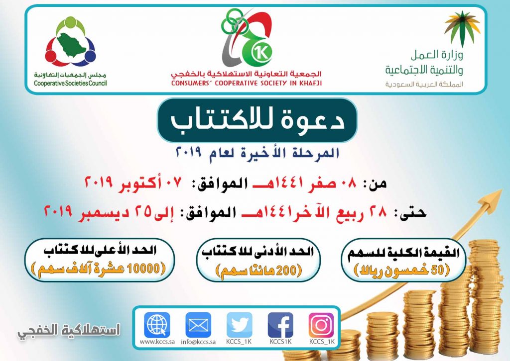 الاكتتاب في الجمعية التعاونية الاستهلاكية بالخفجي المرحلة الأخيرة لعام 2019